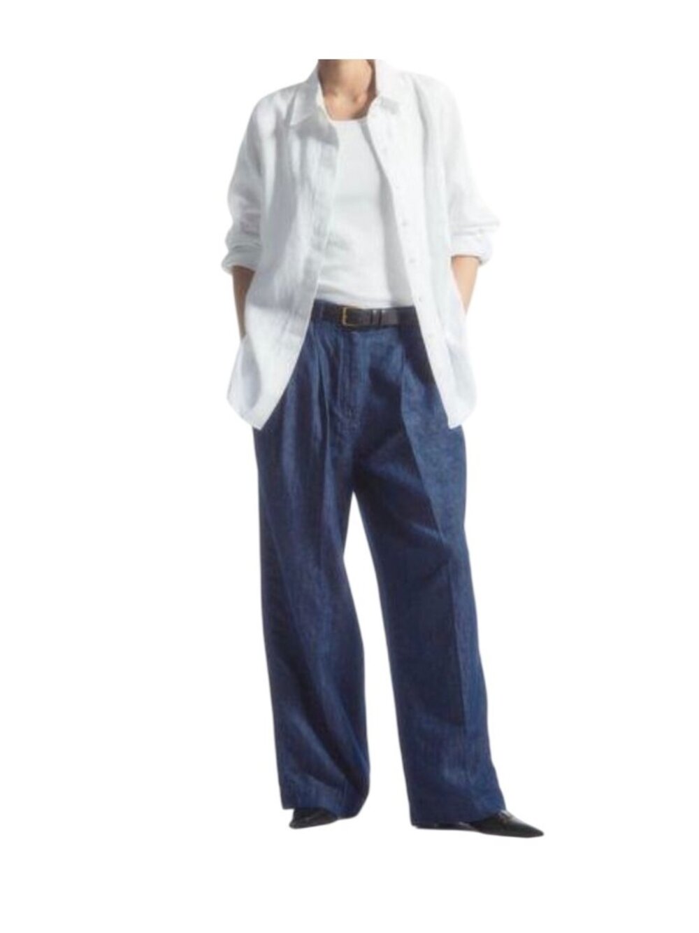 COS Linen Blend Wide Leg Pants Size 6 High-Waist Pleated Front Relaxed Fit Blue